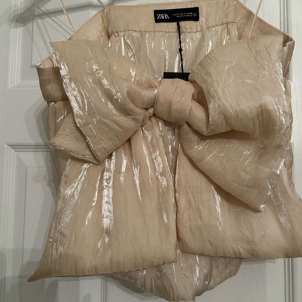 Zara Metallic Beige Bow Blouse
